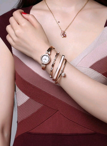 Anie Klein Women's Crystal Accented Bangle Bracelet Watch Set With Three Luxury Rose Gold Bracelets Diamond