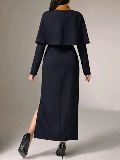 Elegant Color Blocking Cape Shirt With Extended Hem Skirt 2pcs Set 2 Pieces Set