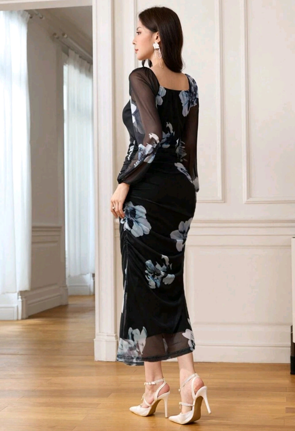 Shein Women's Floral Print Elegant Square Neck Tie Waist Midi Dress Maxi Women Outfit Long Evening Dresses..