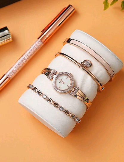 Anie Klein Women's Crystal Accented Bangle Bracelet Watch Set With Three Luxury Rose Gold Bracelets Diamond