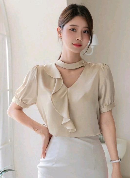 DAZY Women's Solid Color Simple Everyday Short Sleeve Shirt,Ruffle