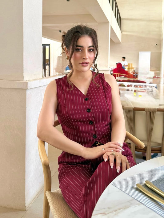 Flirla Sleeveless Striped V-Neck Vest & Pants Set