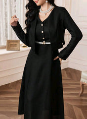 Modelyn Solid Button Front Jacket & Dress Without Belt Perfect For Business/Work/Cocktail Party/Wedding/Daily/Graduation Women Two Pieces Outfits 2 Pieces Set