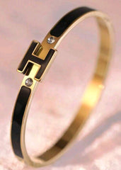Black Enamel Letter Bangle Bracelet, Stainless Steel Clasp, European And American Style