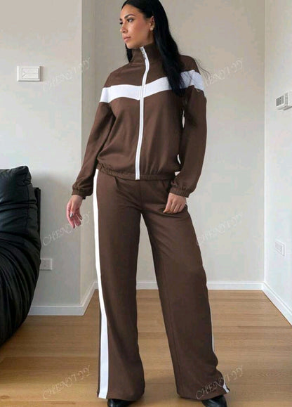 2pcs Color Block Patchwork Casual Elegant Zip-Up Hoodie Set, Suitable For Sports, Home, Office, Street Wear In Spring, Autumn And Winter. Loose Fit Long Sleeve Women Sweatshirt