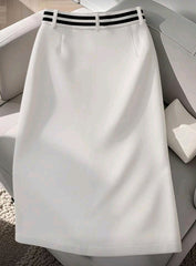 Elegant White High-Waisted Pleated Skirt With Black Button Accents - Stylish All-Season Fashion for women