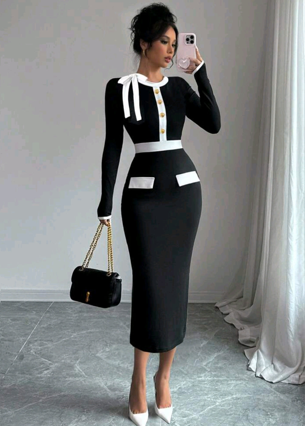 Elenzga Women's Contrast Color Long Sleeve Dress