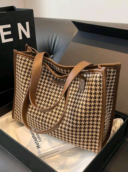 Houndstooth Pattern Large Tote Bag For Women, Stylish & Simple Design, Versatile For Commuting And Going Out, Shoulder BagSchool Bag,Back To School Backpack,Large Capacity,Lightweight,Portable,Business Casual,