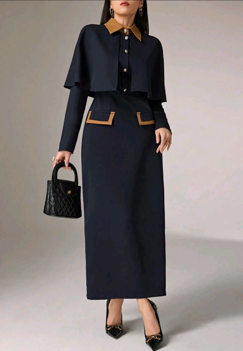 Elegant Color Blocking Cape Shirt With Extended Hem Skirt 2pcs Set 2 Pieces Set