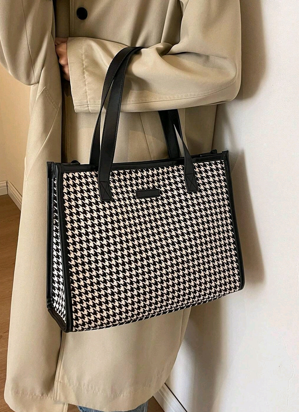 Houndstooth Pattern Large Tote Bag, Women's Fashion Minimalist High Capacity Shoulder Bag, Versatile For Commuting