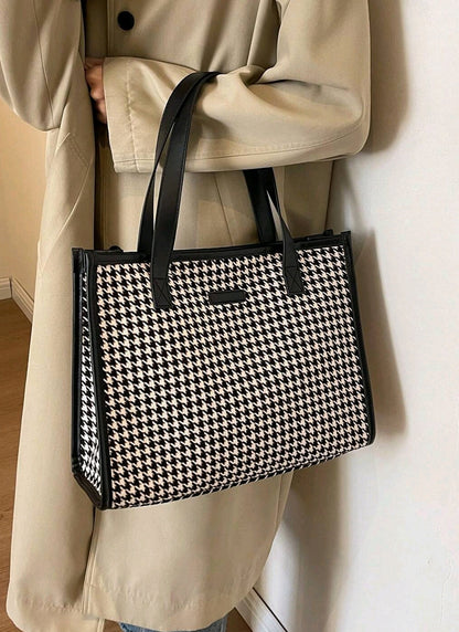 Houndstooth Pattern Large Tote Bag, Women's Fashion Minimalist High Capacity Shoulder Bag, Versatile For Commuting