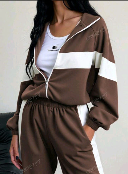 2pcs Color Block Patchwork Casual Elegant Zip-Up Hoodie Set, Suitable For Sports, Home, Office, Street Wear In Spring, Autumn And Winter. Loose Fit Long Sleeve Women Sweatshirt