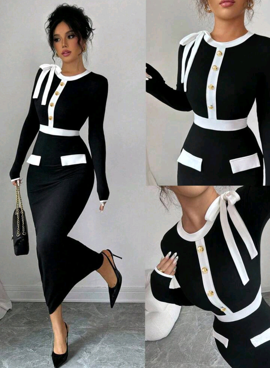 Elenzga Women's Contrast Color Long Sleeve Dress