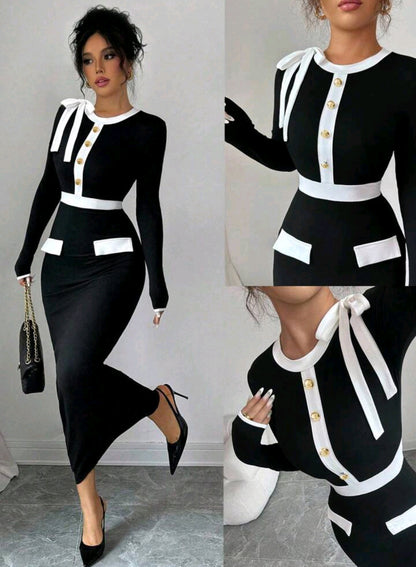 Elenzga Women's Contrast Color Long Sleeve Dress