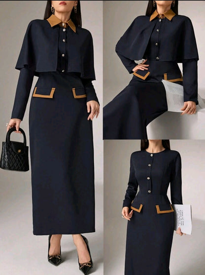 Elegant Color Blocking Cape Shirt With Extended Hem Skirt 2pcs Set 2 Pieces Set