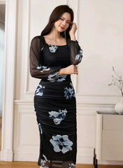 Women's Floral Print Elegant Square Neck Tie Waist Midi Dress Maxi Women Outfit Long Evening Dresses..