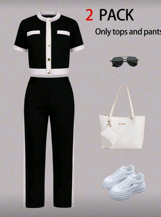 Women Spring/ Casual 2 Pieces Set, Contrast Color Button Faux Pocket Design Round Neck