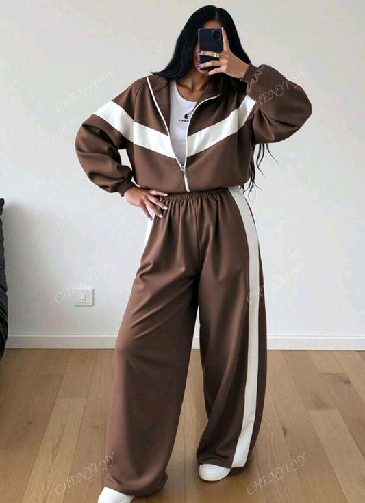 2pcs Color Block Patchwork Casual Elegant Zip-Up Hoodie Set, Suitable For Sports, Home, Office, Street Wear In Spring, Autumn And Winter. Loose Fit Long Sleeve Women Sweatshirt