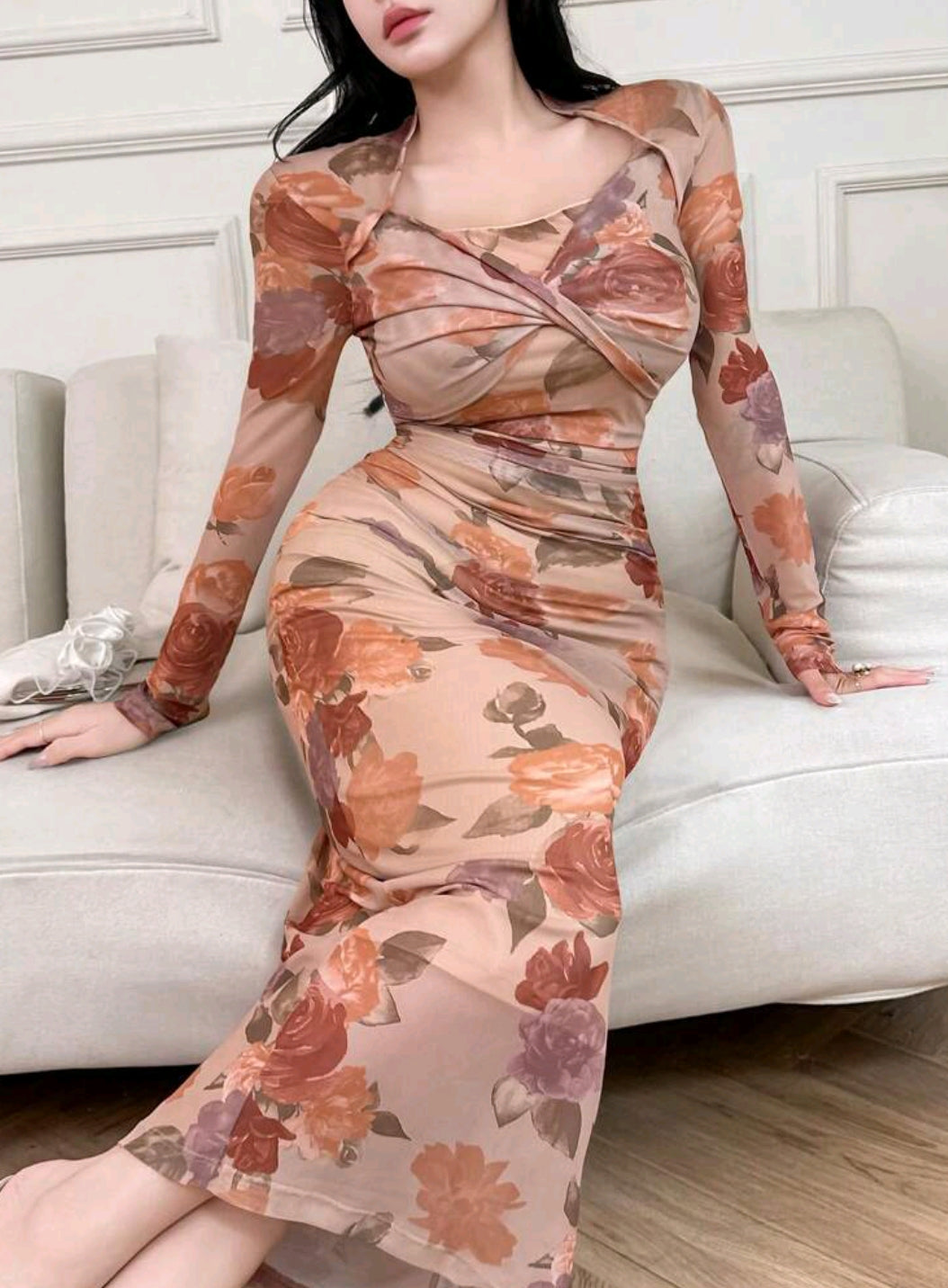 Modelyn Women's Floral Print Long Sleeve Criss-Cross Fitted Long Dress